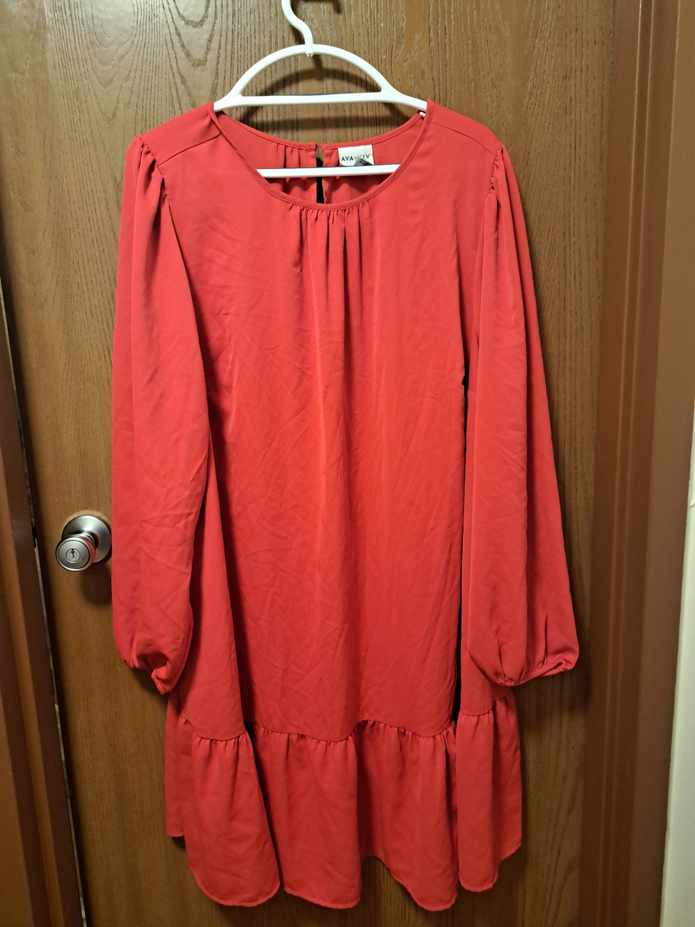 Ava & Viv Coral-Red Long Sleeve Ruffle-Hem Dress